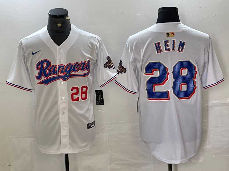 Mens Texas Rangers #28 Jonah Heim Number White 2023 World Series Champions Cool Base Jersey